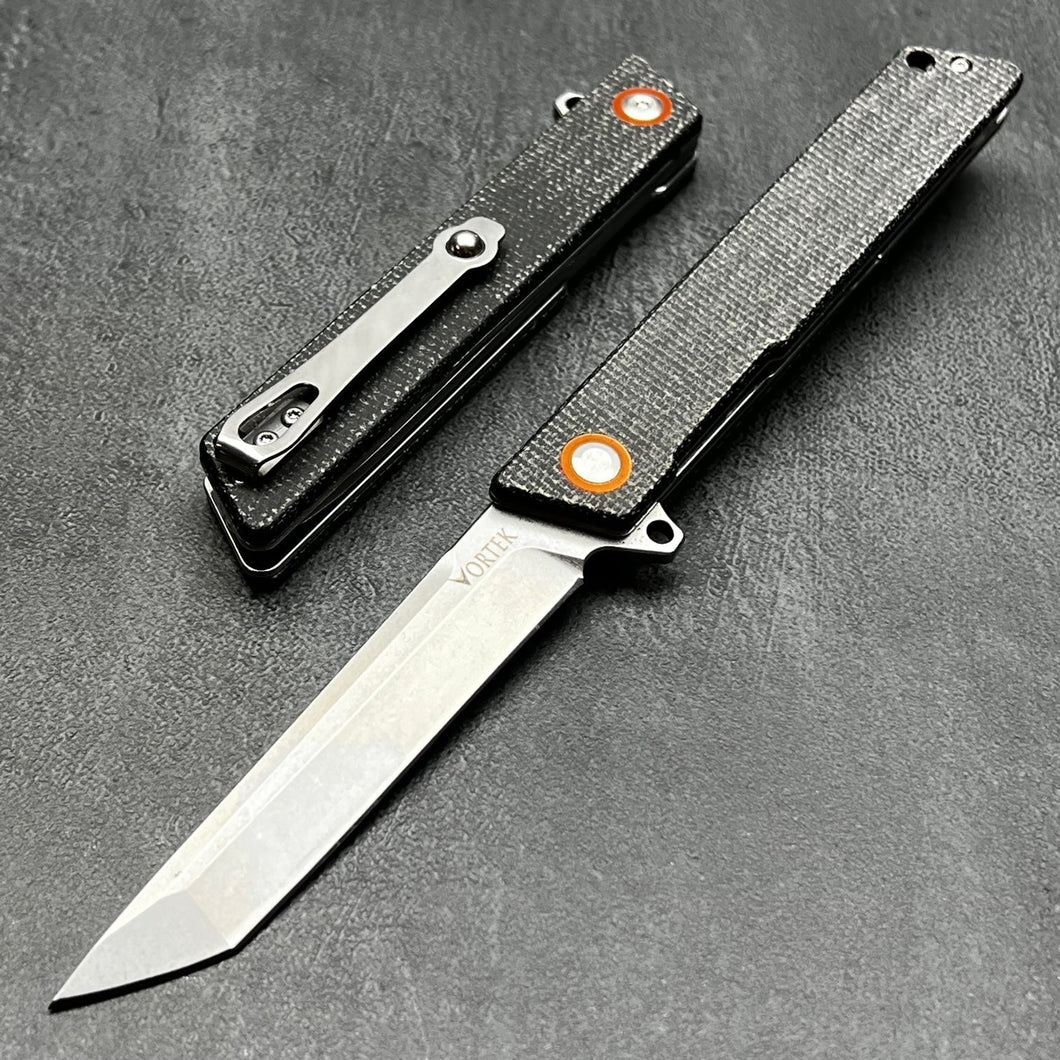 TANGO: D2 Tanto Blade, Black Micarta Handles, Ball Bearing Flipper System