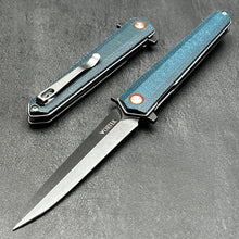 Load image into Gallery viewer, KEELA: D2 Dagger Blade, Blue Micarta Handles, Ball Bearing Flipper System