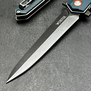 KEELA: D2 Dagger Blade, Blue Micarta Handles, Ball Bearing Flipper System