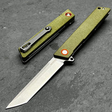 Load image into Gallery viewer, TANGO: D2 Tanto Blade, Green Micarta Handles, Ball Bearing Flipper System