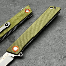 Load image into Gallery viewer, TANGO: D2 Tanto Blade, Green Micarta Handles, Ball Bearing Flipper System