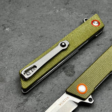 Load image into Gallery viewer, TANGO: D2 Tanto Blade, Green Micarta Handles, Ball Bearing Flipper System