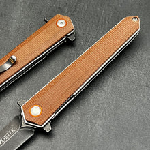 Load image into Gallery viewer, KEELA: D2 Dagger Blade, Brown Micarta Handles, Ball Bearing Flipper System