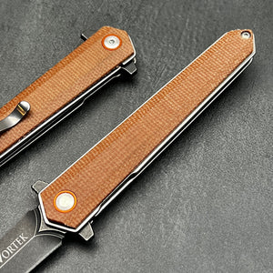 KEELA: D2 Dagger Blade, Brown Micarta Handles, Ball Bearing Flipper System