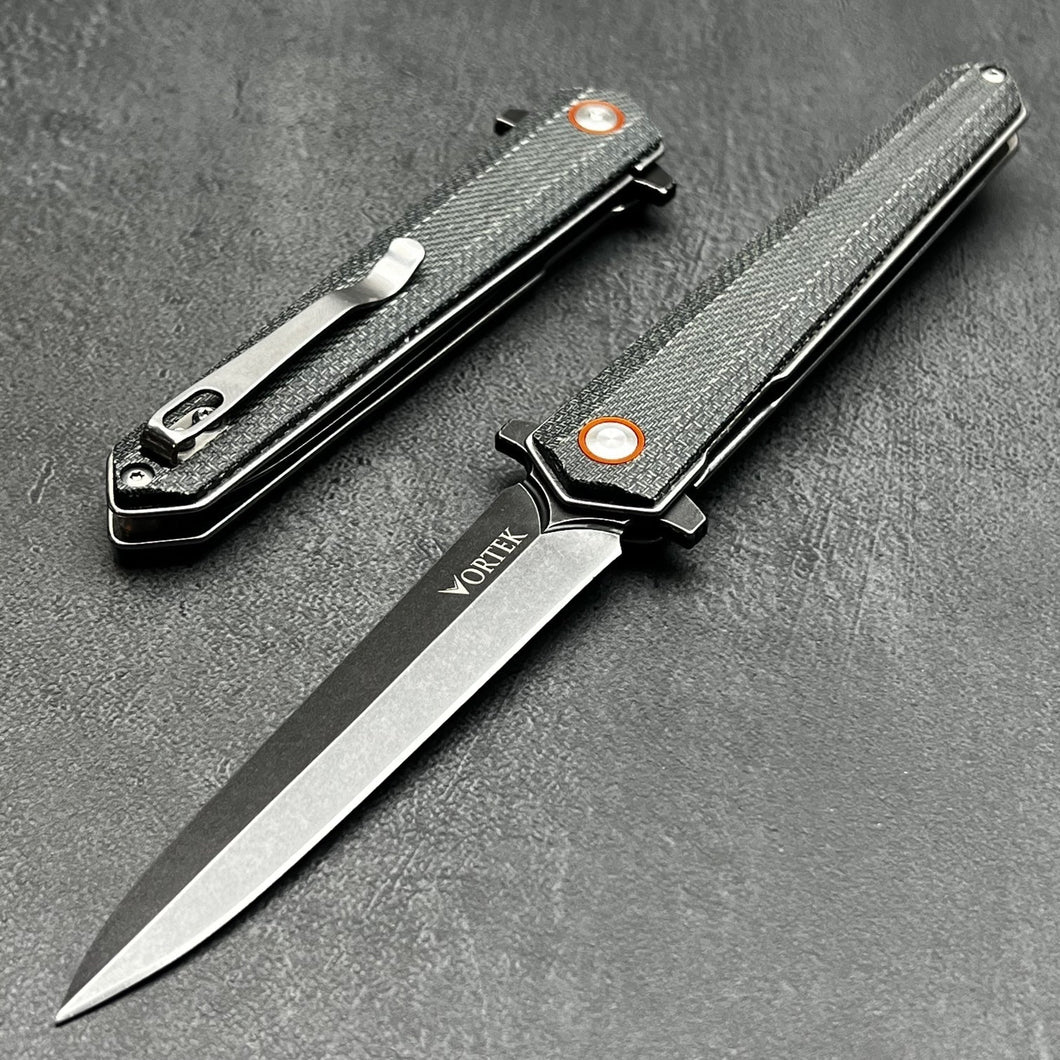 KEELA: D2 Dagger Blade, Black Micarta Handles, Ball Bearing Flipper System