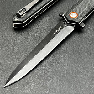 KEELA: D2 Dagger Blade, Black Micarta Handles, Ball Bearing Flipper System