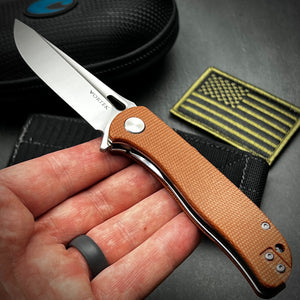 SLINGER:  Brown Micarta Handles,  Fast Ball Bearing Pivot System,  D2 Blade,   EDC Folding Pocket Knife