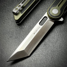 Load image into Gallery viewer, ASTRID:  Sandvik 14C28N Tanto Blade, Black and Green G10 Handles, Ball Bearing Pivot System, Deep Carry Pocket Clip