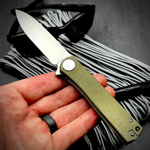 OSKAR:  Green Micarta Handles,  D2 Blade,  Ball Bearing Pivot System,  EDC Flipper Blade Folding Pocket Knife