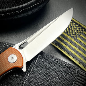 SLINGER:  Brown Micarta Handles,  Fast Ball Bearing Pivot System,  D2 Blade,   EDC Folding Pocket Knife