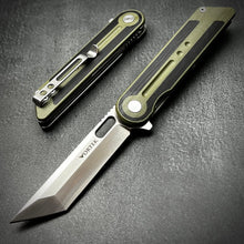 Load image into Gallery viewer, ASTRID:  Sandvik 14C28N Tanto Blade, Black and Green G10 Handles, Ball Bearing Pivot System, Deep Carry Pocket Clip