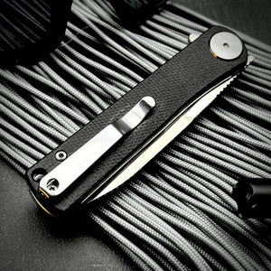 OSKAR:  Black Micarta Handles,  D2 Tool Steel Blade,  Ball Bearing Flipper Blade,  EDC Folding Pocket Knife