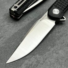 Load image into Gallery viewer, BURST: Black G10 Handles, Fast Open Ball Bearing Flipper Pivot System, D2 Carbon Tool Steel Blade