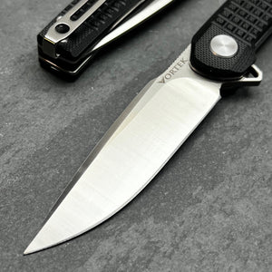 BURST: Black G10 Handles, Fast Open Ball Bearing Flipper Pivot System, D2 Carbon Tool Steel Blade