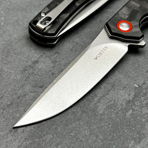 ATLAS: Carbon Fiber Handles, D2 Tool Steel Blade, Fast Open Ball Bearing Flipper System