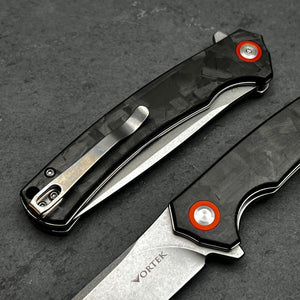 ATLAS: Carbon Fiber Handles, D2 Tool Steel Blade, Fast Open Ball Bearing Flipper System