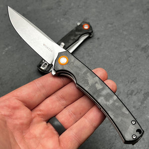 ATLAS: Carbon Fiber Handles, D2 Tool Steel Blade, Fast Open Ball Bearing Flipper System