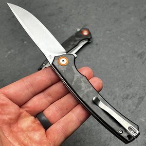 ATLAS: Carbon Fiber Handles, D2 Tool Steel Blade, Fast Open Ball Bearing Flipper System