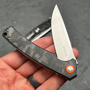 ATLAS: Carbon Fiber Handles, D2 Tool Steel Blade, Fast Open Ball Bearing Flipper System