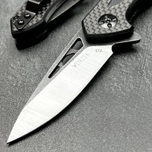 Load image into Gallery viewer, CINDER:  Carbon Fiber Handles,  D2 Drop Point Blade,  Ball Bearing Flipper System