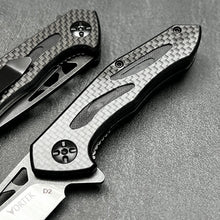 Load image into Gallery viewer, CINDER:  Carbon Fiber Handles,  D2 Drop Point Blade,  Ball Bearing Flipper System