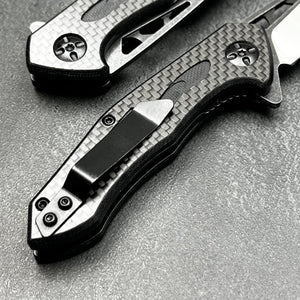 CINDER:  Carbon Fiber Handles,  D2 Drop Point Blade,  Ball Bearing Flipper System