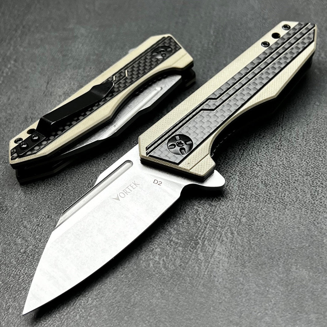 CHAR:  Carbon Fiber Handles,  D2 Drop Point Blade,  Fast Ball Bearing Flipper System, EDC Folding Pocket Knife