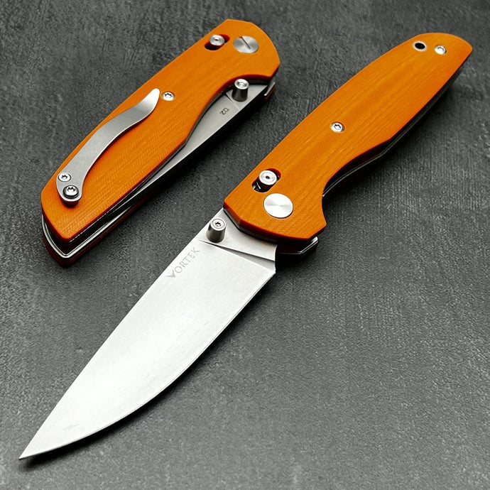 FOCAL: Orange G10 Handles, D2 Drop Point Blade, Axis lock Safety System, EDC Large Folding Pocket Knife