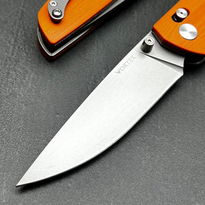 FOCAL: Orange G10 Handles, D2 Drop Point Blade, Axis lock Safety System, EDC Large Folding Pocket Knife