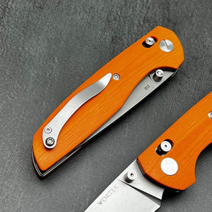 FOCAL: Orange G10 Handles, D2 Drop Point Blade, Axis lock Safety System, EDC Large Folding Pocket Knife