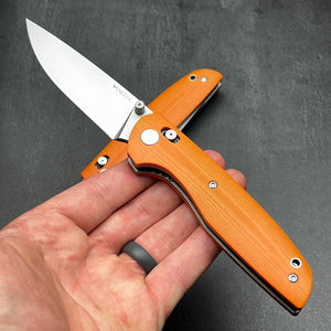 FOCAL: Orange G10 Handles, D2 Drop Point Blade, Axis lock Safety System, EDC Large Folding Pocket Knife