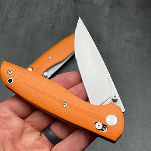 FOCAL: Orange G10 Handles, D2 Drop Point Blade, Axis lock Safety System, EDC Large Folding Pocket Knife