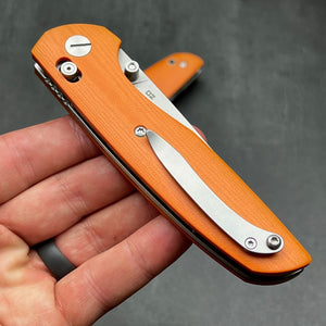 FOCAL: Orange G10 Handles, D2 Drop Point Blade, Axis lock Safety System, EDC Large Folding Pocket Knife