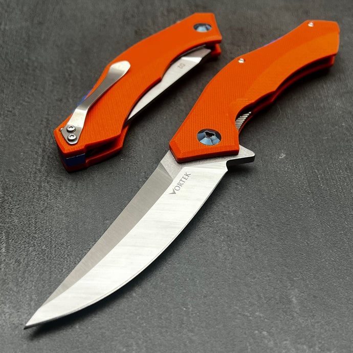 SCIMITAR - Orange G10 Handles, D2 Trailing Point Blade