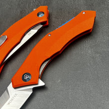 Load image into Gallery viewer, SCIMITAR:  Orange G10 Handles, D2 Trailing Point Blade,  Ball Bearing Flipper System, EDC Folding Pocket Knife