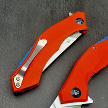 Load image into Gallery viewer, SCIMITAR:  Orange G10 Handles, D2 Trailing Point Blade,  Ball Bearing Flipper System, EDC Folding Pocket Knife