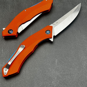 SCIMITAR:  Orange G10 Handles, D2 Trailing Point Blade,  Ball Bearing Flipper System, EDC Folding Pocket Knife