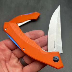 SCIMITAR:  Orange G10 Handles, D2 Trailing Point Blade,  Ball Bearing Flipper System, EDC Folding Pocket Knife