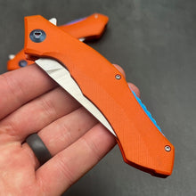 Load image into Gallery viewer, SCIMITAR:  Orange G10 Handles, D2 Trailing Point Blade,  Ball Bearing Flipper System, EDC Folding Pocket Knife