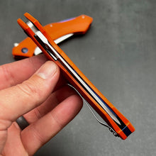 Load image into Gallery viewer, SCIMITAR:  Orange G10 Handles, D2 Trailing Point Blade,  Ball Bearing Flipper System, EDC Folding Pocket Knife