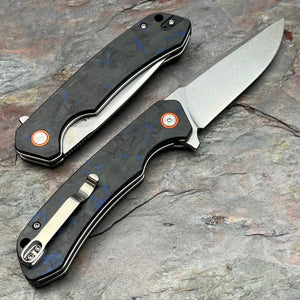 SPROUT - Black Blue Carbon Fiber Handles, D2 Drop Point Blade