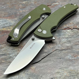 SHROUD - Green G10 Handles, D2 Blade, Button Lock