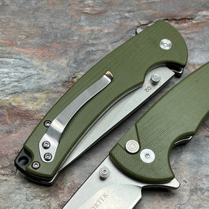 SHROUD - Green G10 Handles, D2 Blade, Button Lock