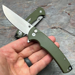 SHROUD - Green G10 Handles, D2 Blade, Button Lock