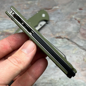 SHROUD - Green G10 Handles, D2 Blade, Button Lock