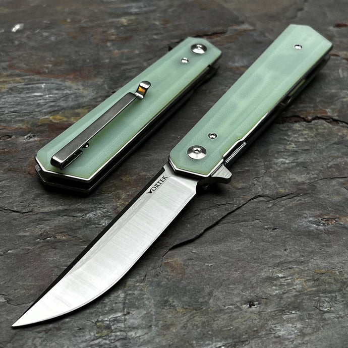 APACHE: Jade G10 Handles, 9Cr18MoV Straight Back Blade, Fast Open Ball Bearing Flipper System, EDC Folding Pocket Knife