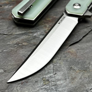 APACHE: Jade G10 Handles, 9Cr18MoV Straight Back Blade, Fast Open Ball Bearing Flipper System, EDC Folding Pocket Knife