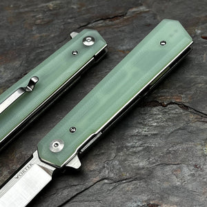 APACHE: Jade G10 Handles, 9Cr18MoV Straight Back Blade, Fast Open Ball Bearing Flipper System, EDC Folding Pocket Knife