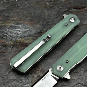 APACHE: Jade G10 Handles, 9Cr18MoV Straight Back Blade, Fast Open Ball Bearing Flipper System, EDC Folding Pocket Knife