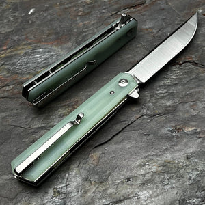 APACHE: Jade G10 Handles, 9Cr18MoV Straight Back Blade, Fast Open Ball Bearing Flipper System, EDC Folding Pocket Knife